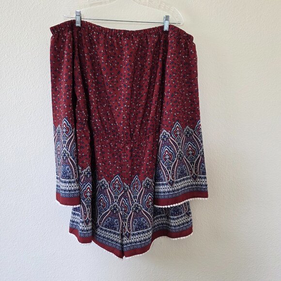 Forever 21 Boho Off Shoulder Romper Plus Size 1X Maroon Paisley - Picture 1 of 12